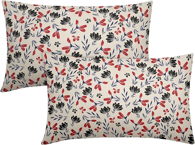 4th of July Floral Pillow Covers 12x20 Set of 2 Rustic Old Style Navy Blue Red Black Flower Print Rectangle Decorative Outdoor Pillowcases Patriotic Throw Cushion Case Decor for Couch Sofa Bed