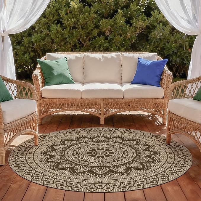 Outdoor Round Rug 5ft, Easy Jute Rug Washable Indoor Outdoor Patio Rug, Non Slip Round Area Rug Farmhouse Front Door Mat, Boho Lightweight Carpet for Backyard Patio Entry (Brown, 5 Ft)