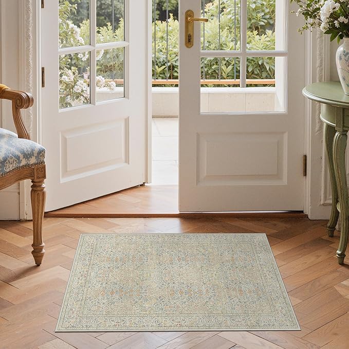 GENIMO 2x3 Indoor Doormat, Washable Non-Slip Vintage Floral Low Pile Door Mat for Entryway Front Door Kitchen Bathroom, Stain Resistant Small Throw Rug Runner (Beige)