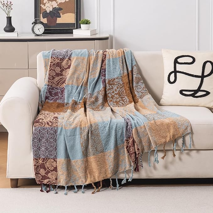 Boho Chenille Throw Blanket, Bohemian Jacquard Tassels Cover for Couch Bed, Decorative Sofa Slipcover Protector - Colorful Tribal Pattern (Vintage, 86 * 102 in)