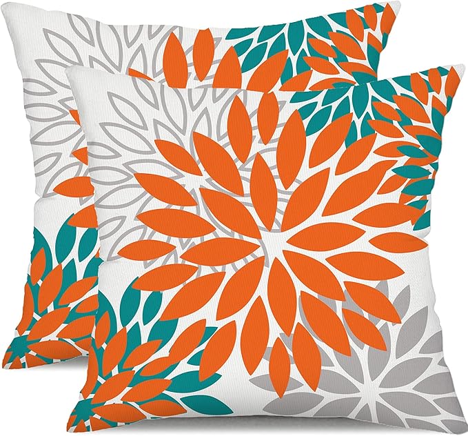 DFXSZ Orange Flower Pillow Covers 18x18 Inch Set of 2 Fall Throw Pillows Outdoor Waterproof Decor for Living Room Sofa Patio Funiture Garden Floral Polyester Pillow Covers 002N18