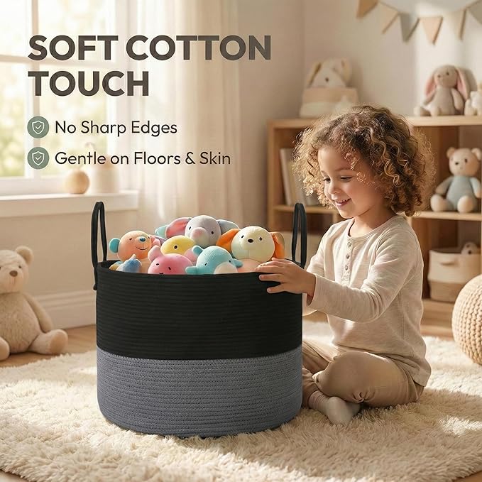 115L Extra Large Blanket Basket for Living Room - Woven Cotton Rope Laundry Hamper with Reinforced Handles - Storage Bin for Pillows, Comforters & Toys - Machine Washable, Black&Grey
