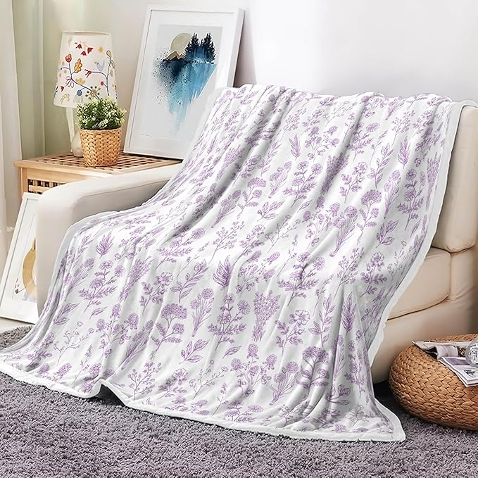 Floral Fuzzy Blanket Purple Floral Throw Blanket, Botanical Flowers Blankets, Soft, Flannel, Warm, Boho Flowers Bed Blankets All Season for Couch Bedroom Living Room 60X90 Inch