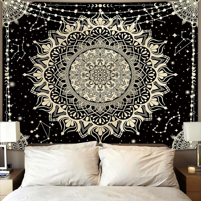 Apdidl Boho Black Mandala Tapestry for Bedroom Aesthetic, Hippie Decor Space Astrology Wall Art Ceiling Tapestries, Vintage Bohemian Indian Golden Blanket Wall Hangings for Living Room 60" X 79"