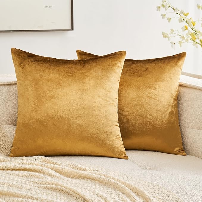 MIULEE Dark Gold Velvet Throw Pillow Covers 12x12 Inch Soft Solid Decorative Square Cushion Cases Modern Home Decor for Couch Sofa Bedroom