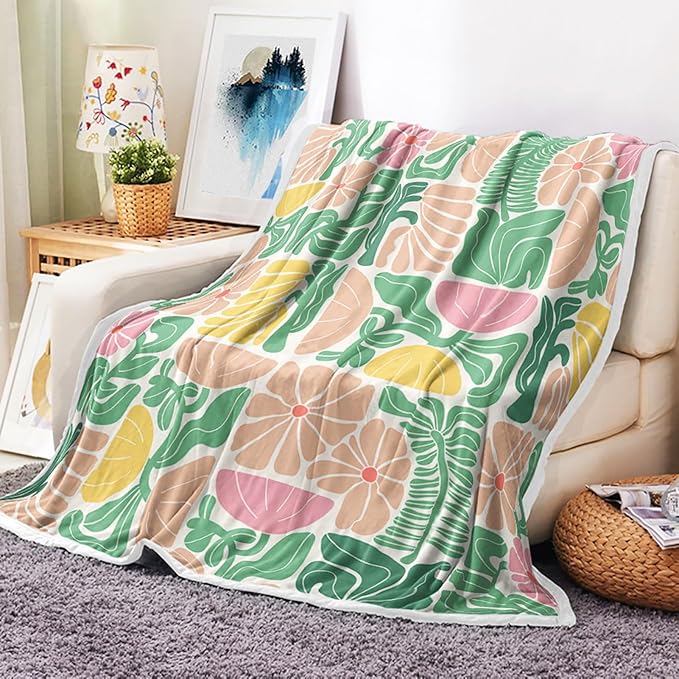 Boho Abstract Colorful Floral Throw Blanket, Vintage Retro Patchwork Pink Green Flower Botanical Geometric Aesthetic Groovy Flannel Throw Blanket for Chair Bed Sofa Couch, 50X60IN