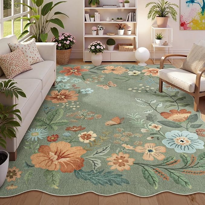 Lahome Floral Washable 6x9 Area Rugs, Soft Bedroom Rug for Living Room Ultra-Thin Non Slip Dining Room Rug, Stain Resistant Boho Green Rugs Throw Carpet for Office Flore (6'x9',Green)