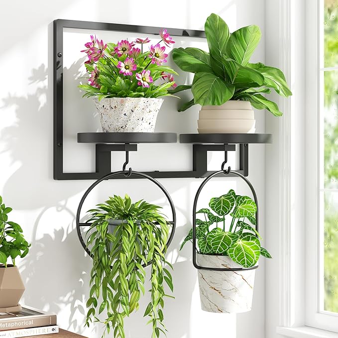 iDavosic.ly Wall Plant Picture Frame Holder with 2 Trays for Indoor, Metal Stand with Hanging Hooks, Floating Flower Display Decor, Space Saving & Easy to Assemble (Pots/Chains/Plants Not Included)