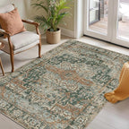 3x5 Rug for Entryway Bedroom, Green 3x5 Washable Area Rug, Vintage Retro Boho Throw Rug, Non Slip & Low Pile Small Carpet for Indoor Kitchen, Bedside, Living Room, Bathroom and Dining