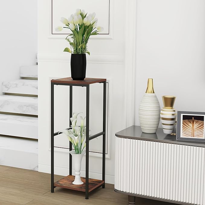 CASIMR Plant Stand for Indoor, Tall Metal Shelf with Square Wooden Board, 2 Tier Display Rack for Multiple Plants, 32 Inch Tiered Flower Pot Holder for Corner Living Room Balcony Garden Patio