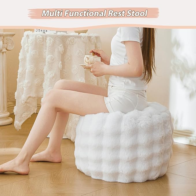 LIFEREVO Luxury Faux Rabbit Fur Round Inflatable Pouf Ottoman, 20 X 16 Fluffy Plush Waffle Bubble Floor Poufs Foot Stool Rest Anti-Slip Furry Foldable Ottoman Seat for Home Decor Kids Adults, White