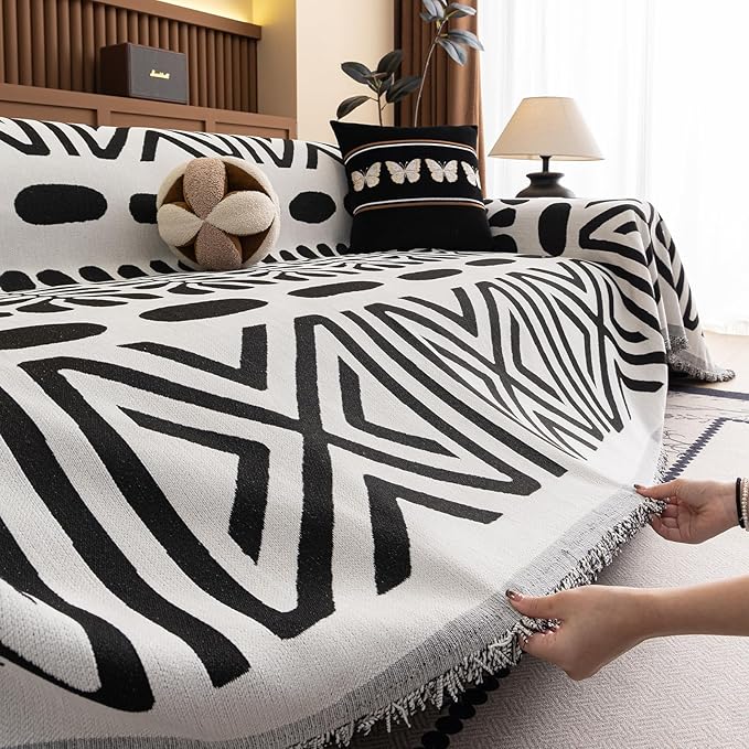 VClife Bohemian Couch Cover Western Aztec Sofa Cover for 3-4 Cushion Couch Sofa Washable Chenille Sofa Slipcover Boho Non Slip White Black Geometric Couch Slip Cover for Sectional Sofa 71''x150''