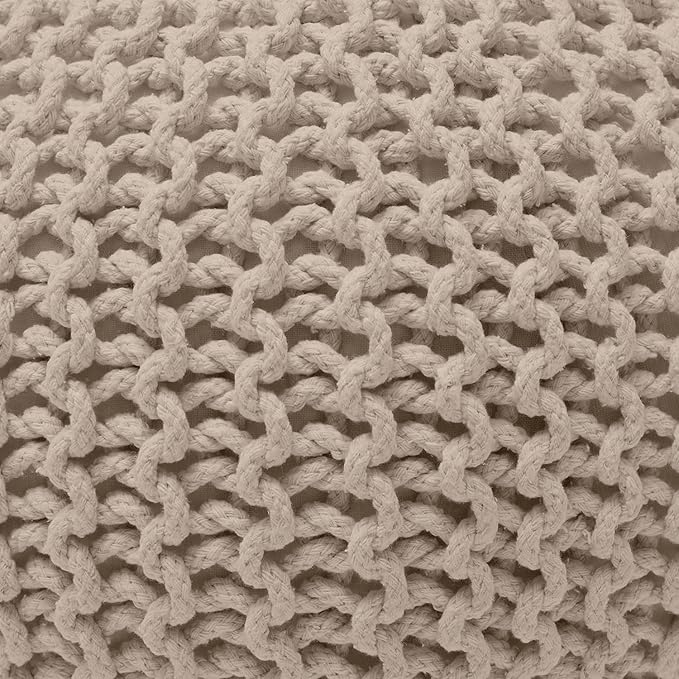 Ornavo Home Pouf Ottoman Foot Rest - 100% Cotton Pouffe - Hand Knitted Cable Braid Cord - Boho Round Stuffed Ottoman for Living Room, Bedroom - Beige