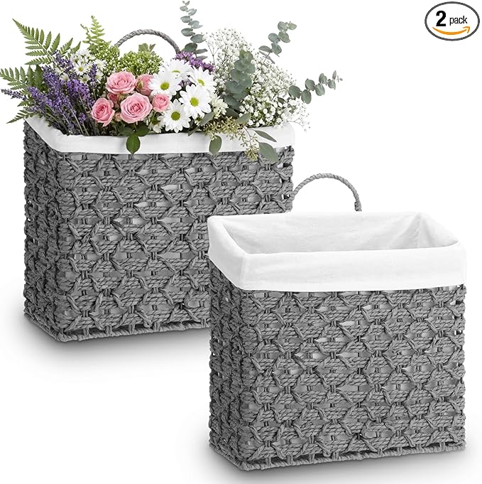 Novabright 2 Pack Wicker Hanging Basket with Handles Liners House Warming Gift for Organizing Front Door Mail Flowers Woven Wall Storage Basket for Garden Farmhouse Home(Paper Rope,Minimalist Style)