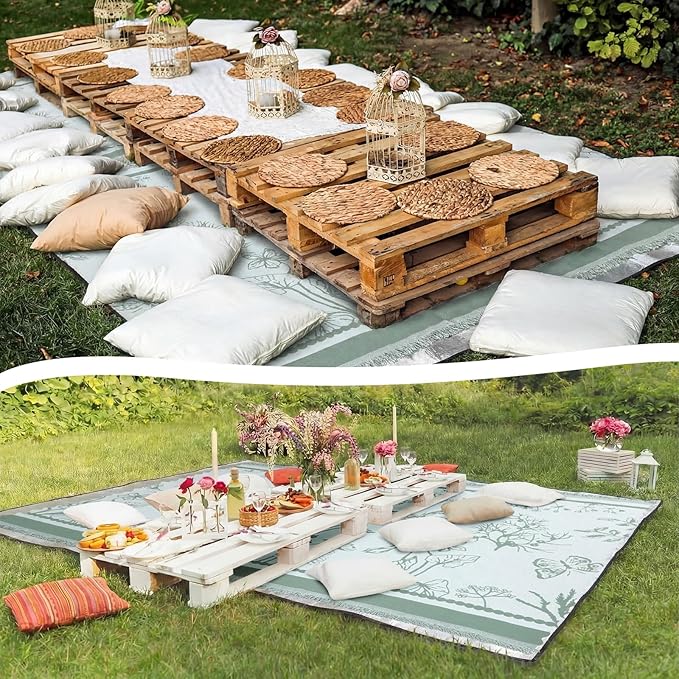 91x 71 in Extra Large Outdoor Picnic Blanket with Waterproof Mat Oversize Beach Woven Cotton Yarn Blanket with Fringe Machine Sandproof for Spring Summer Camping Beach Park(Plants,Green)
