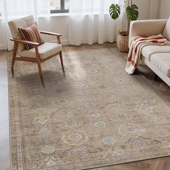 4x6 Rug for Living Room Bedroom, Beige Washable Throw Rugs, Vintage Retro Boho Area Rugs, Non Slip & Low Pile Accent Throw Carpet for Indoor Dining Room, Kids Room and Office(Beige 4x6ft)
