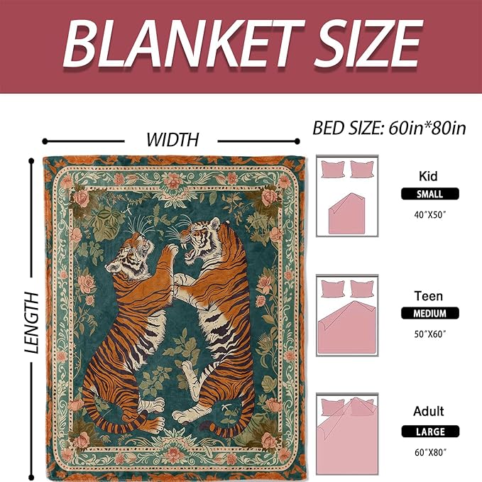 Vintage Tiger Floral Flannel Blanket 50x60in,Fierce Symmetrical Big Cat Design with Ornate Botanical Border,Soft Lightweight Throw for Animal Lovers,Boho Decor and Jungle Aesthetic Fans Gifts