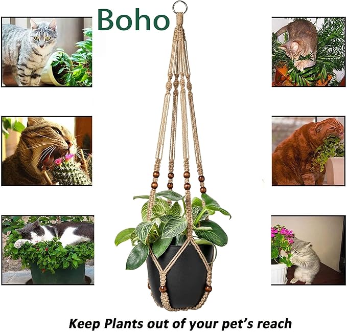 AKEIE Brown Macrame Plant Hanger Indoor Outdoor Plant Holder Basket 41'' Hanging Planter Rope w/Wood Beads No Tassels for Indoor Outdoor Boho Home Decor(Brown)