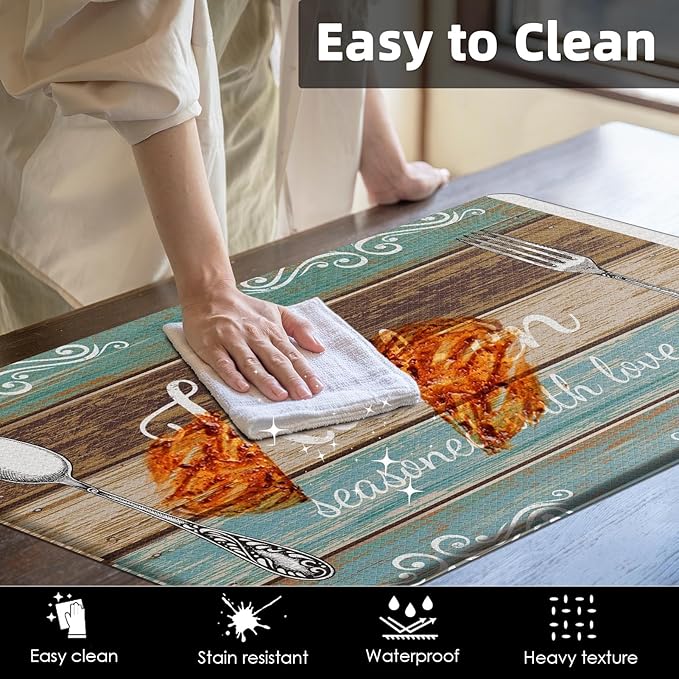 Arttown Teal Farmhouse Anti-Fatigue Kitchen Rug Set of 2 Brown Knife Fork Rustic Vintage Cushioned Floor Standing Mat Waterproof Non-Slip Kitchen Mat and PVC Ergonomic Comfort Foam Rug
