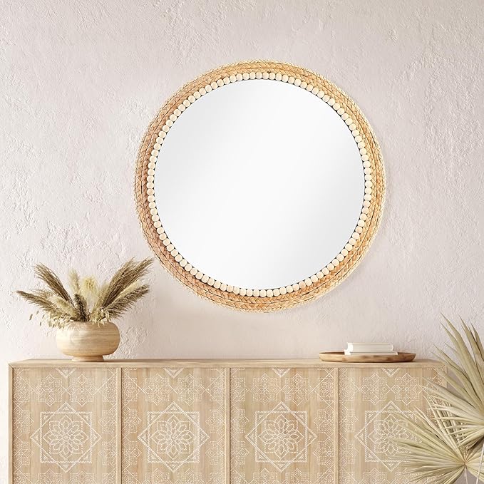 SWTHONY 21 Inch Boho Round Hanging Wall Mirror Decorative Rattan Circle Wall Mounted Mirror for Farmhouse, Living Room, Bedroom, Bathroom