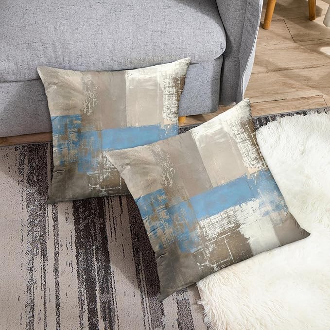 Britimes Throw Pillow Covers Modern Home Art Decor, 18 x 18 Inches Set of 2 Abstract Oil Painting Pillowcases for Bedroom, Living Room, Cushion Couch Sofa, Abstract Grey Blue Brown