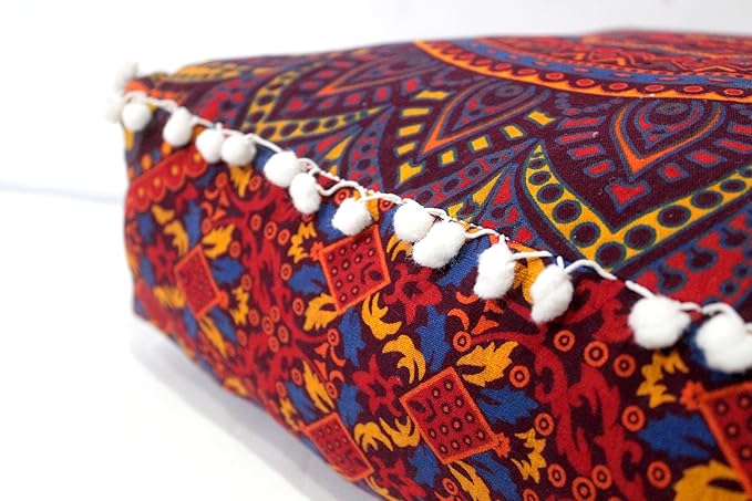 CRAFT KALA Large Hippie Mandala Meditation Floor Ottoman Pillow Cushion Pouf Cover Square Poufs Bohemian Circle Floor Cushion Case Outdoor Fireplace Yoga Living Room Decor Cover New Orange, 18" Square
