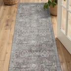 2x5 Runner Rug, Washable Kitchen Rugs, Grey Boho Vintage Floral Hallway Runner, Non Slip Low Pile Area Rug Carpet for Indoor Hallway, Kitchen, Laundry Room and Bathroom(Taupe/Grey 2x5ft)