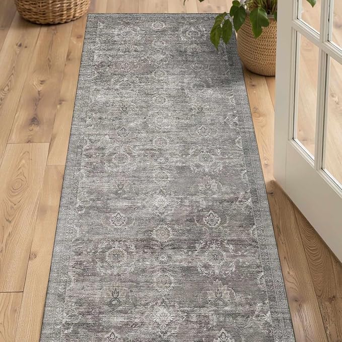 2x5 Runner Rug, Washable Kitchen Rugs, Grey Boho Vintage Floral Hallway Runner, Non Slip Low Pile Area Rug Carpet for Indoor Hallway, Kitchen, Laundry Room and Bathroom(Taupe/Grey 2x5ft)