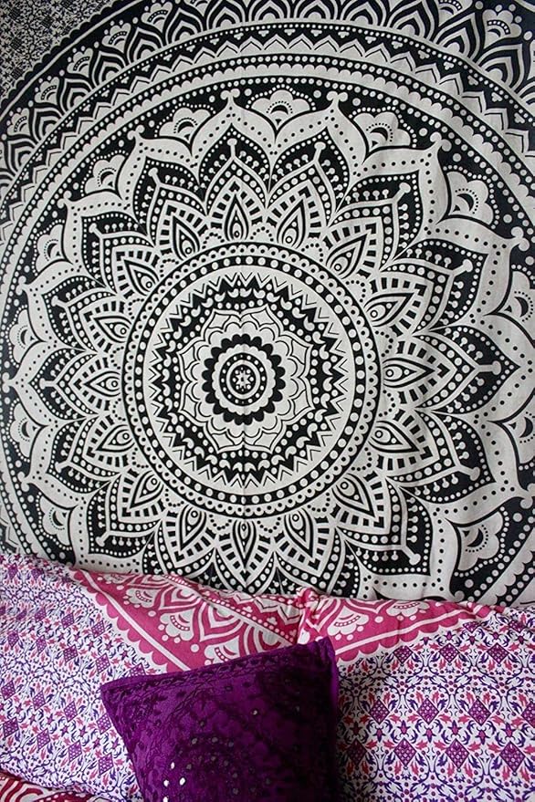 ANJANIYA Ombre Wall Hanging Bohemian Tapestry, Metallic Wall Art Bedspread, Psychedelic Hippie Mandala Dorm Décor for Hanging, Bedding, Beach Coverlet Curtain, Grey Black, 54"X60"