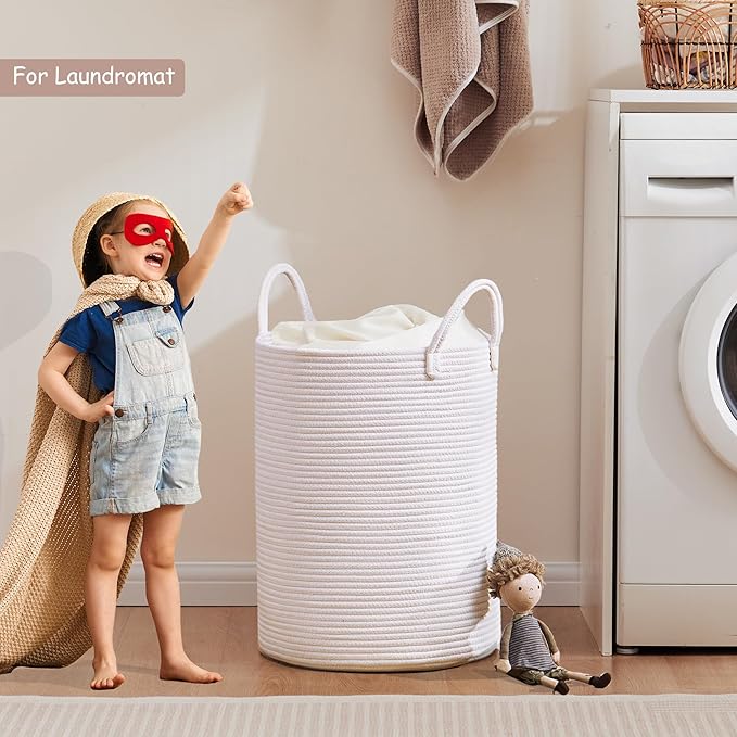 60L Pure White Woven Hamper Laundry Basket Cotton Rope Blanket Basket for Living Room 15Dx20H inches Tall Clothes Hamper for Baby Nursery Kids in Bedroom