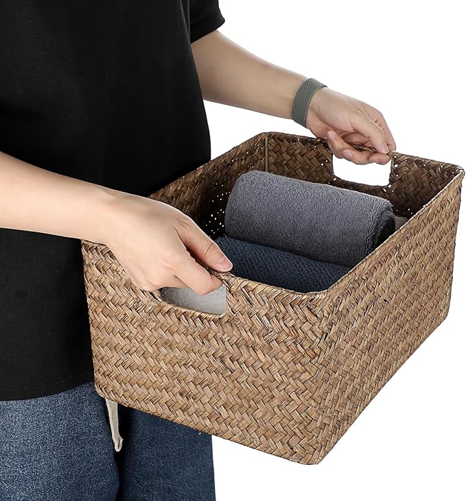 Hipiwe Seagrass Storage Opened Baskets Bin for Shelf Organizing Handwoven Wicker Baskets Rectangular Decorative Basket Closet Bedroom Organizer Bin Box Multipurpose Storage Basket with Handle