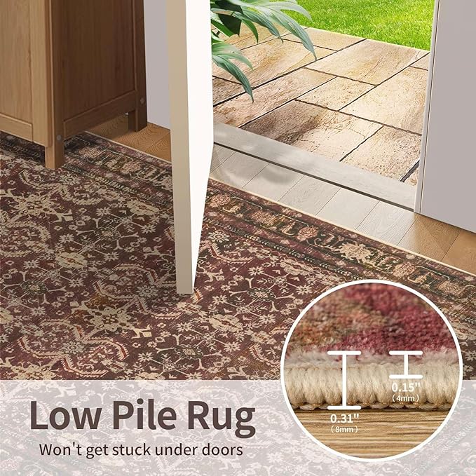 6x9 Area Rugs for Living Room Bedroom, Large Washable Christmas Rug, Vintage Oriental Boho Rug, Non Slip & Low Pile Faux Wool Thin Carpet for Indoor Dining Room, Classroom Dorm and Kids Room