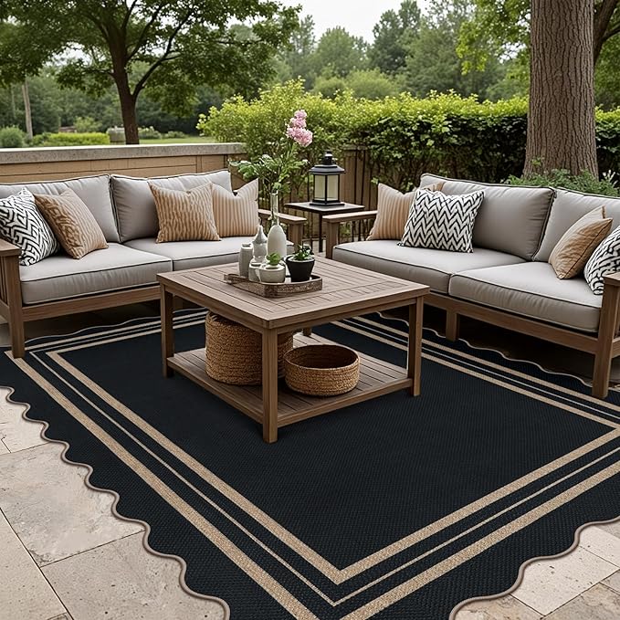 Scalloped 5x7 Rug for Living Room, Easy Jute Washable Outdoor Patio Carpet, Farmhouse Indoor Black Geometric Rug Neutral Non Slip Carpet for Living Room Backyard