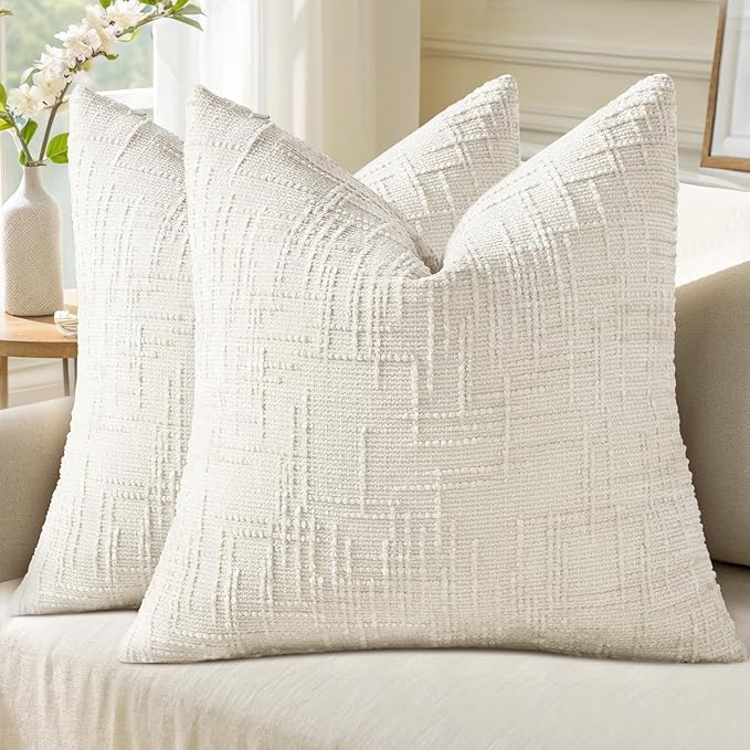 decorUhome Spring Cream White Chenille Throw Pillow Covers 18x18 Set of 2 Textured Soft Cozy Slubby Couch Pillow Covers Modern Farmhouse Boho Decorative Pillow Cases for Bed Sofa Living Room