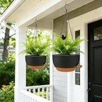 12 Inch Self Watering Hanging Planters 2 Pack, Indoor Outdoor Hanging Pots for Plants with Drainage Holes & Saucers, Black Brown Plastic Hanging Baskets for Kitchen Balcony Garden