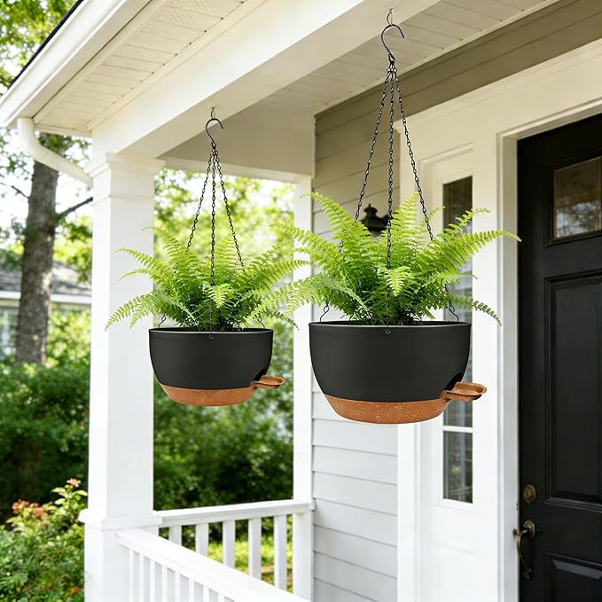 12 Inch Self Watering Hanging Planters 2 Pack, Indoor Outdoor Hanging Pots for Plants with Drainage Holes & Saucers, Black Brown Plastic Hanging Baskets for Kitchen Balcony Garden