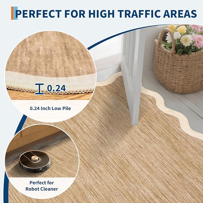 GarveeHome Scalloped Round Washable Rug 5ft, Soft Non Slip Circle Carpets for Bedroom Ultra-Thin, Boho Light Brown Print Distressed Circular Carpet for Living Room Dorm Bedside, Light Brown