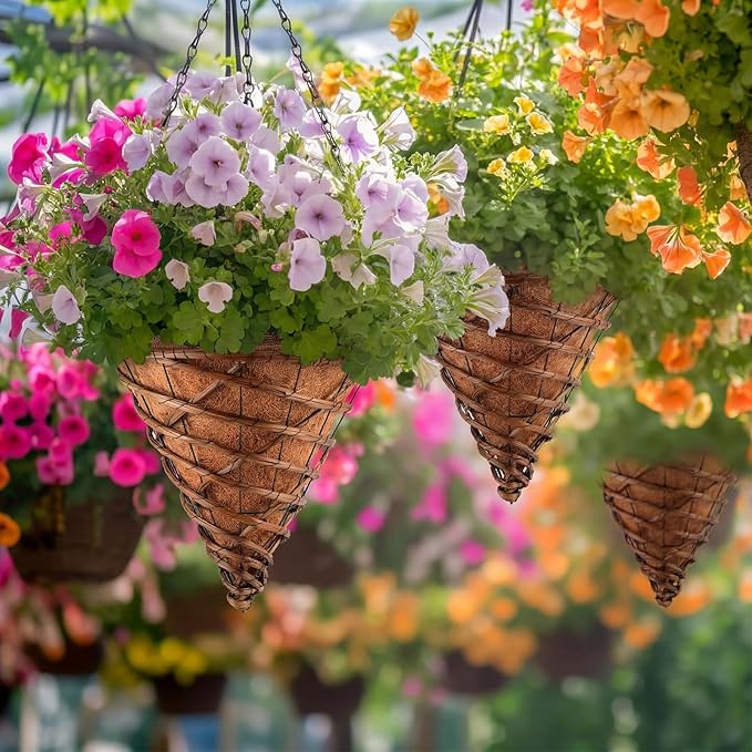 2 Pack 14" Cone Rattan Coco Moss Hanging Basket with Wire Hanger and Liner Heavy-Duty Wicker Hanging Planters with Coco Liner Plant Pot Flower Metal Wire Holder for Plant Balcony