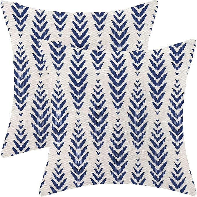 Navy Blue Boho Pillow Covers 16 x 16 Inch Pack of 2, Bohemian Ethnic Herringbone Pattern Decorative Throw Pillow Covers Linen Modern Geometry Farmhouse Outdoor Pillowcase for Sofa Couch Decor