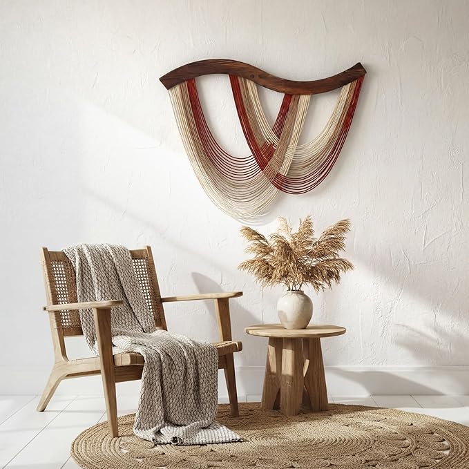 Mindsoft Warm Neutral Macrame Wall Hanging Dip Dyed Yarn Wall Art, Modern Boho Decor Handmade Cotton Rope Tapestry for Bedroom, Living Room, Nursery, 31.5 x 23.6 Inch