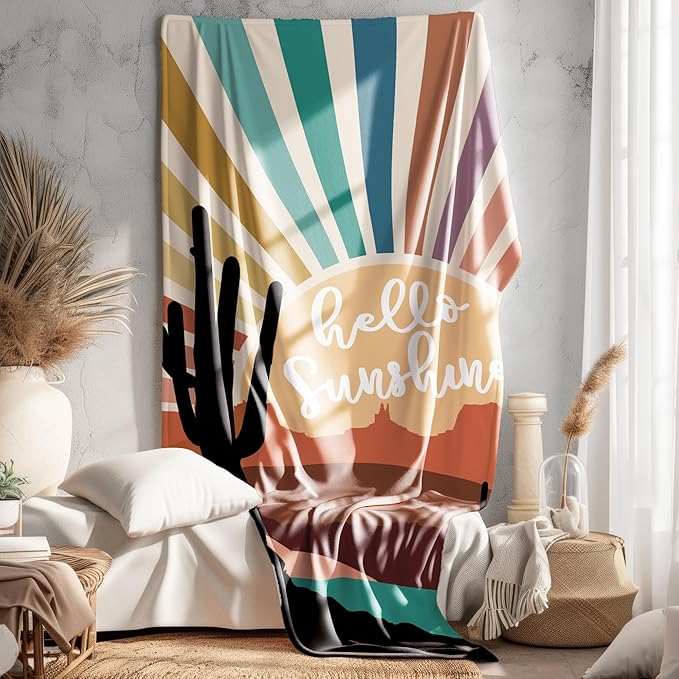 Boho Western Blanket, Boho Western Abstract Colorful Sunshine Cactus Landscape Throw Blankets Gifts for Bed Couch Bedroom Living Room Home Decor, 50x60 Inches