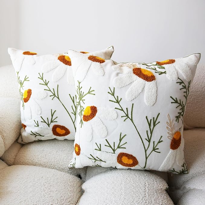 2PCS Embroidered Throw Pillow Cover 18x18 Inch Boho Beige Daisy Floral Pillow Covers for Couch Sofa Cotton Linen Bohemian Tufted Pillow Covers White Flowers Botanical Pillowcase Covers