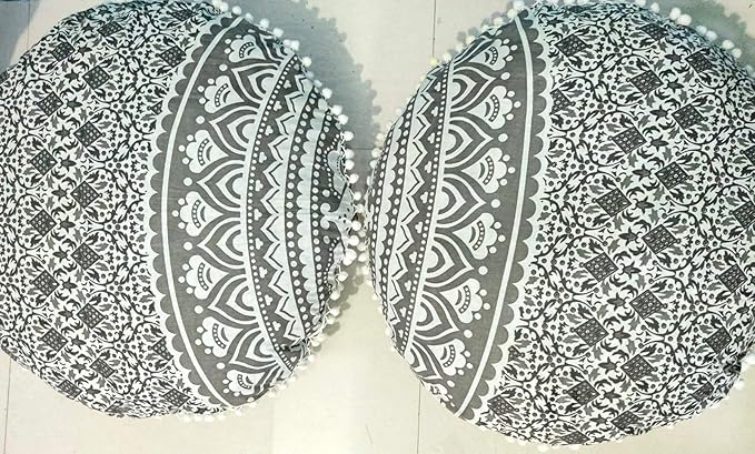 CRAFT KALA Mandala Floor Pillow Cushion Cover Seating Throw Cover Hippie Decorative Bohemian Ottoman Poufs Pom Pom Pillow Cases Boho Indian Cotton Living Room Home Décor 24" Round Set Of 2, Grey Ombre