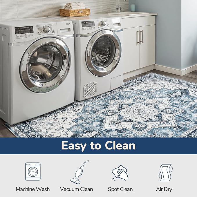 Lessymo 9×12 Area Rugs Washable for Living Room, Large Soft Indoor Rug Non-Slip for Bedroom Kitchen Dining Room Dorm Nursery, Vintage Boho Carpet Stain Resistant for Office Home Decor, Blue/White
