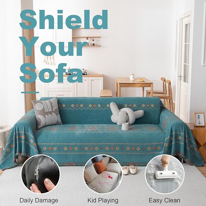VClife Boho Couch Cover Green Geometric Jacquard Pattern Sofa Cover, 1 Piece Large Couch Covers for 2 Cushion Couch Sofa Washable Plush Chenille Sofa Protector for Living Room, 71x118 Inch