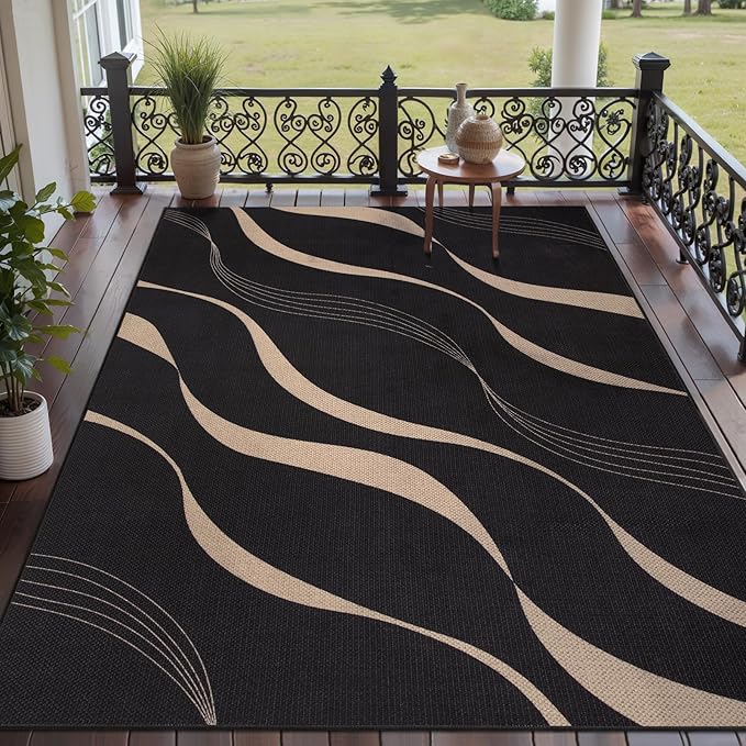 Tangsoo Easy Jute 5x7 Area Rug for Living Room,Black Washable Rug Non Slip Thin Indoor Outdoor Carpet,Farmhouse Modern Throw Mat for Home Office Balcony Backyard Patio Decor