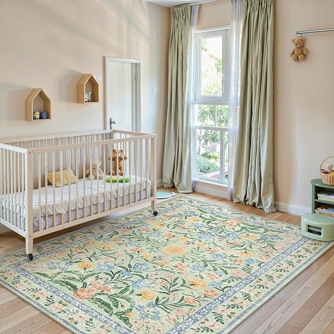 Lahome Sylvie Sage Green 6x9 Bedroom Rugs, Boho Washable Rugs for Living Room, Soft Wool Carpet for Nursery, Vintage Low Pile Carpet for Kids Playroom Girls, Tea Green