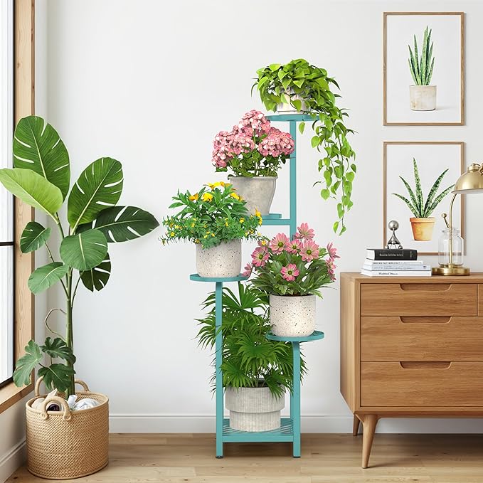 TOSKING 5 Tier Tall Plant Stand Indoor Outdoor,Anti-Tip Plant Stand indoor, Wide Base for Pots, Child and Pet Friendly,Heavy Duty Corner Shelf for Plants & Decor, Space Saving ,Tiered Metal Flower Pot Stand for Balcony, Garden, Living Room, Patio (Blue...