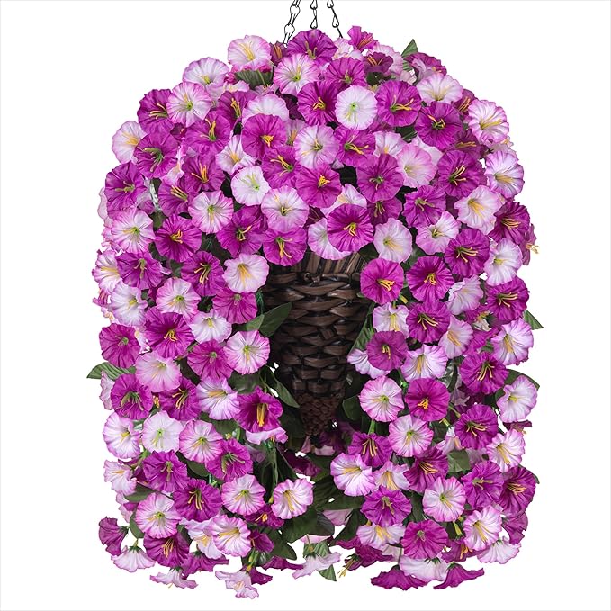 Artificial Fake Hanging Flowers Basket for Outdoor Indoor Decoration,UV Resistant Faux Silk Light Fuchsia and Fuchsia Morning Glory Flowers Plants Realistic Hanging Planter for Outside Home Porch Yard