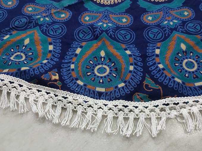 Round Beach Tapestry Turquoise Mandala Throw/Boho Hippie Beach Blanket Roundie/Indian Cotton Bohemian Large Round Table Cloth-Home Decor/Yoga Mat Meditation Picnic Rug (42", Blue)